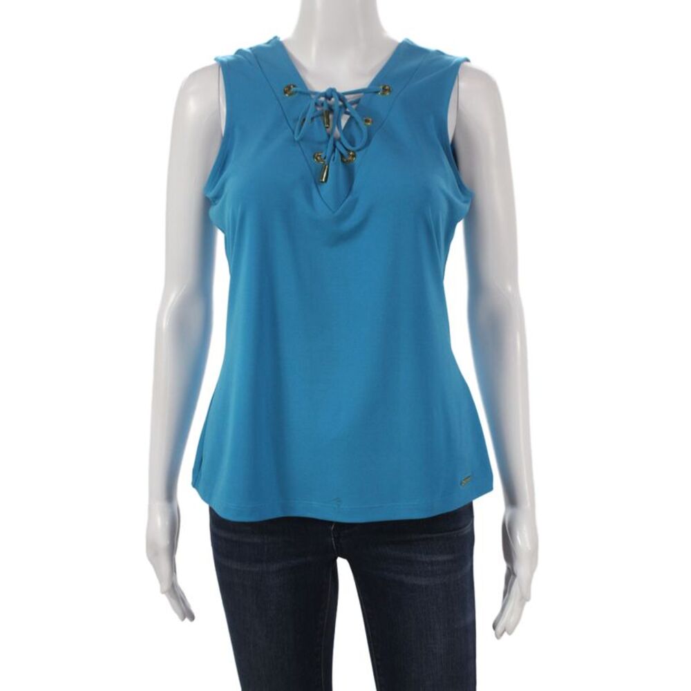 Calvin Klein Women Blue Lace Up V-Neck Sleeveless Tank Casual Polyester Size S
